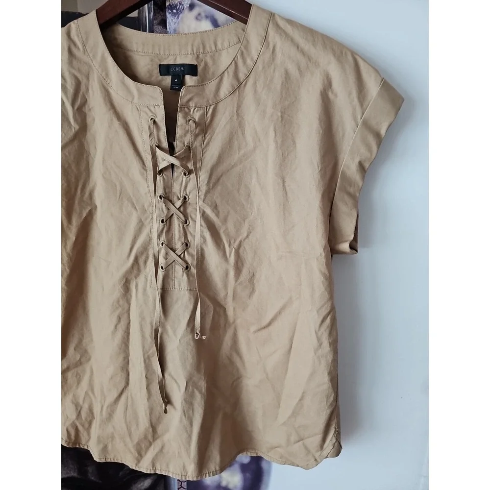 J CREW Women's Cuffed Short Cap‎ Sleeve Tan Lace Up Neck Blouse Size 4